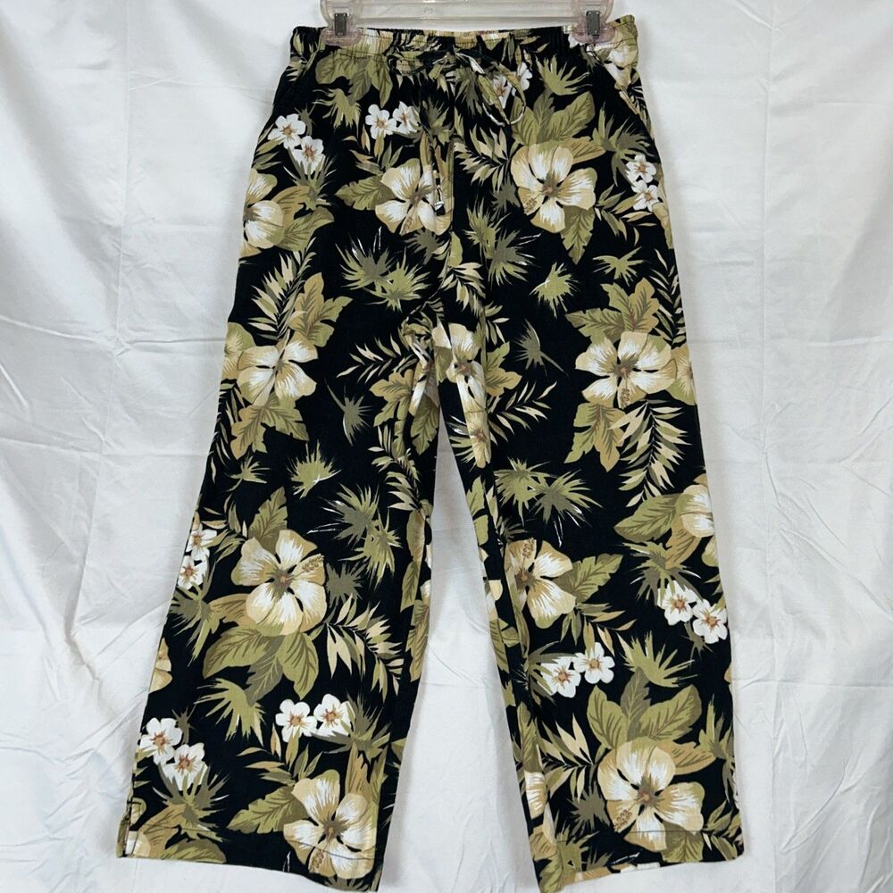 ERIKA Women's Pants Tropical Floral Print Elastic Waist Size Med Cotton